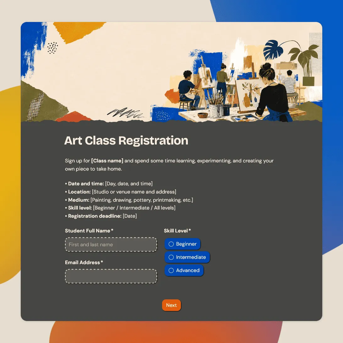 Art Class Registration Form Template