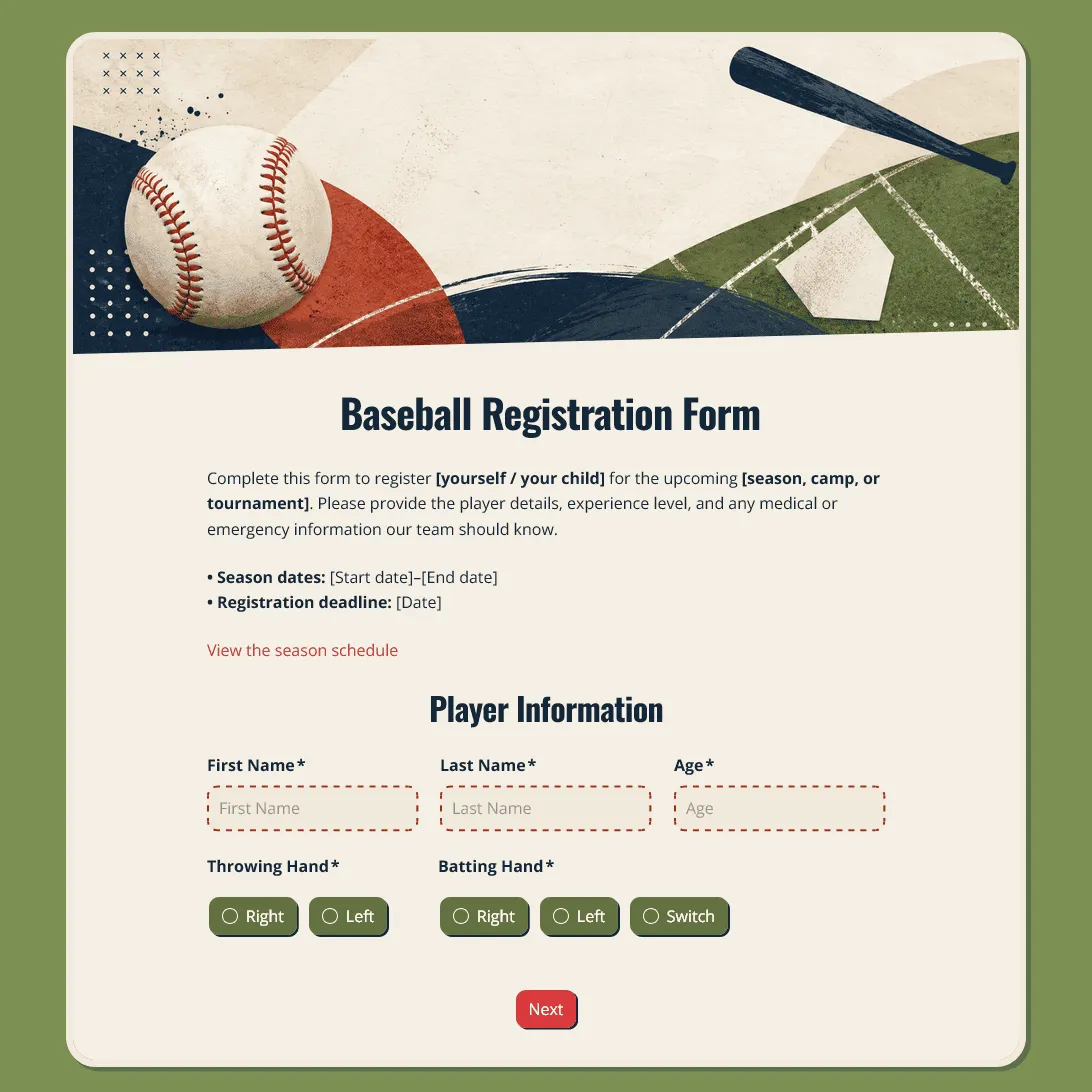 Baseball Registration Form Template