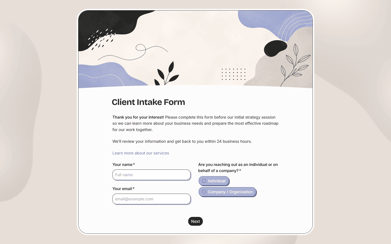 A client intake form created with FormGrid