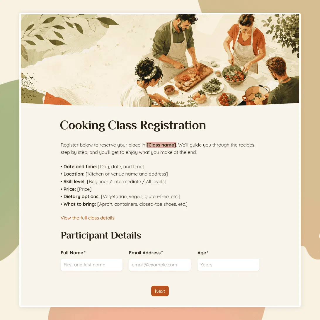 Cooking Class Registration Form Template