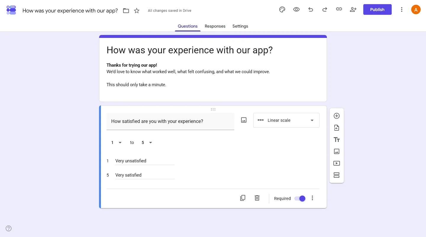 Create a feedback form in Google Forms - Add questions