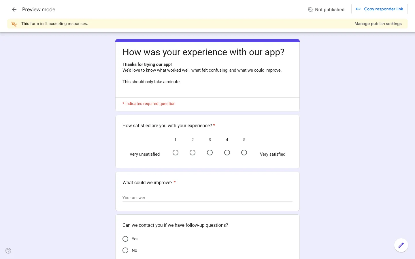 Create a feedback form in Google Forms - Preview and test the form