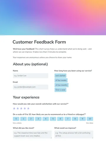 Customer feedback form template 1