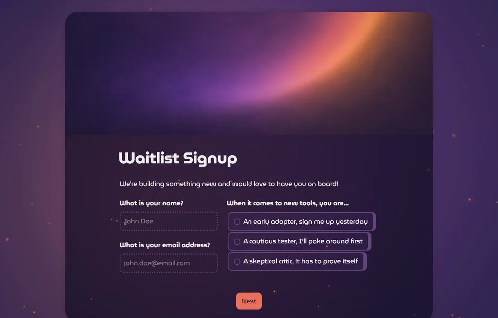 A waitlist signup form with a cool dark space theme