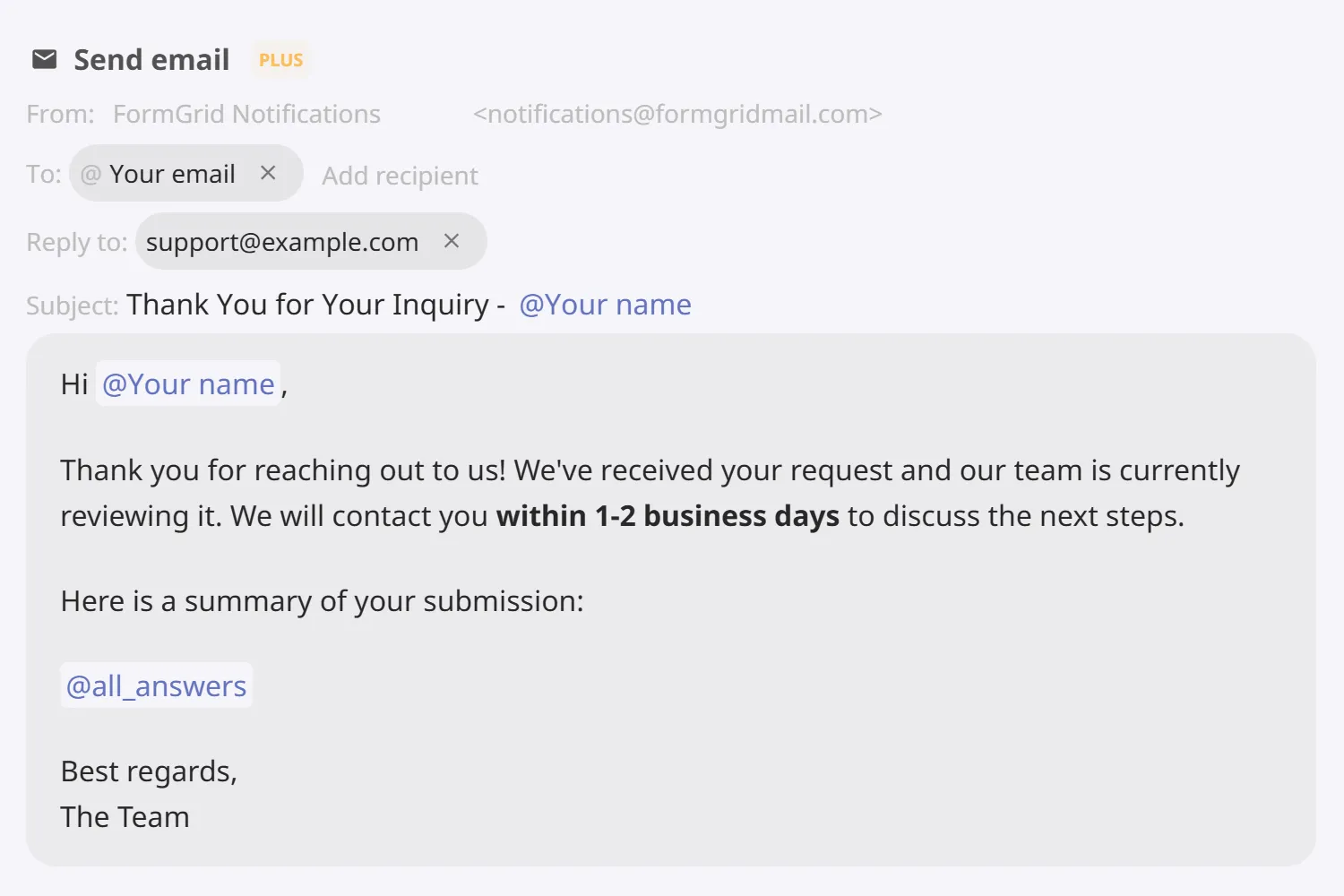 FormGrid email automation with a personalized email sent after a form submission