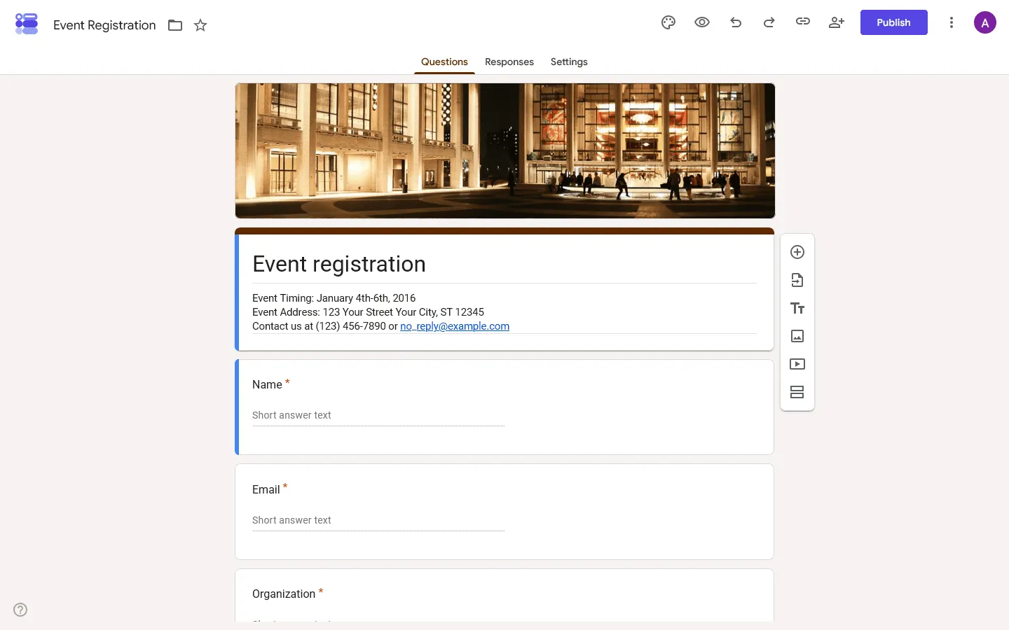 Event registration form example in Google Forms
