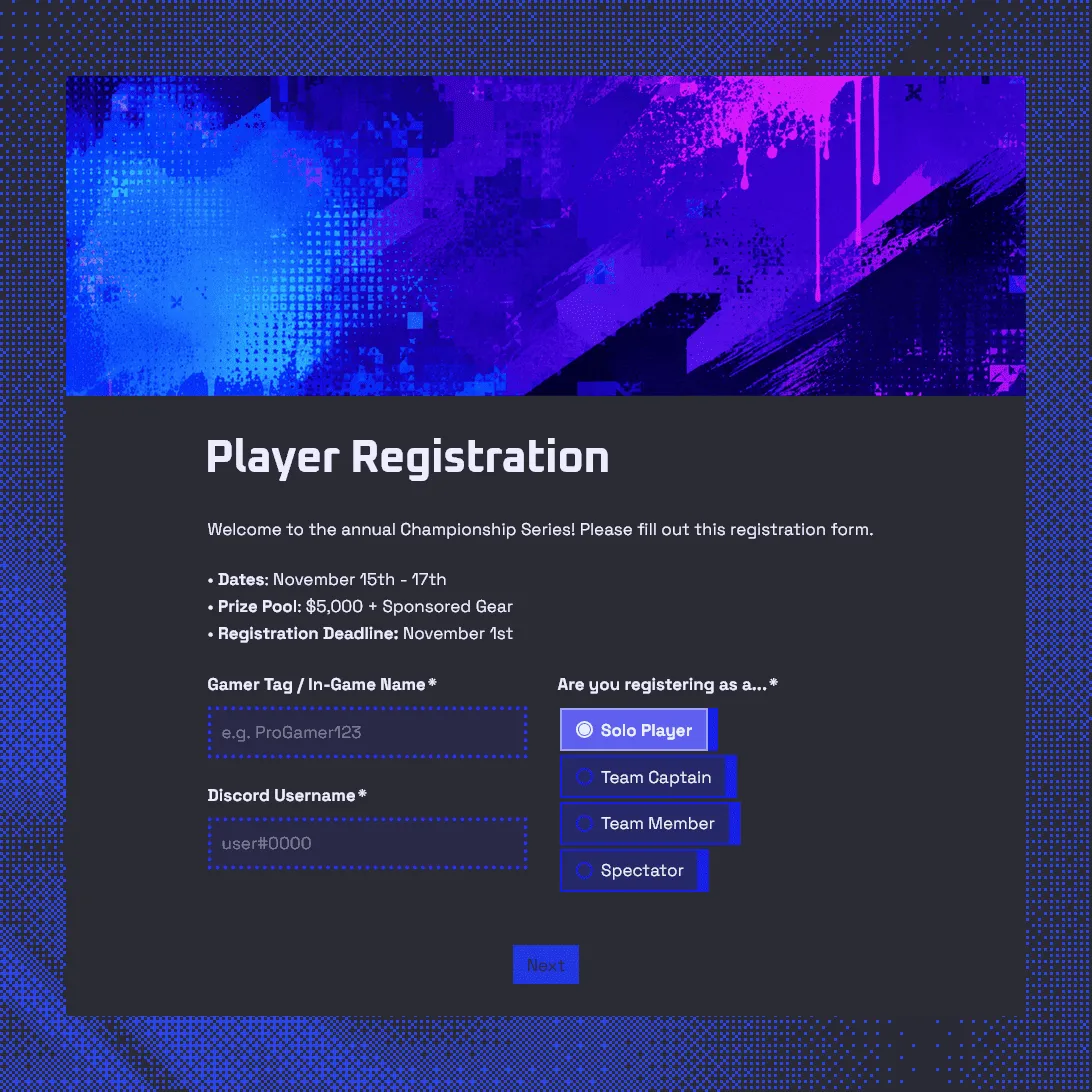 Gaming Tournament Registration Form Template