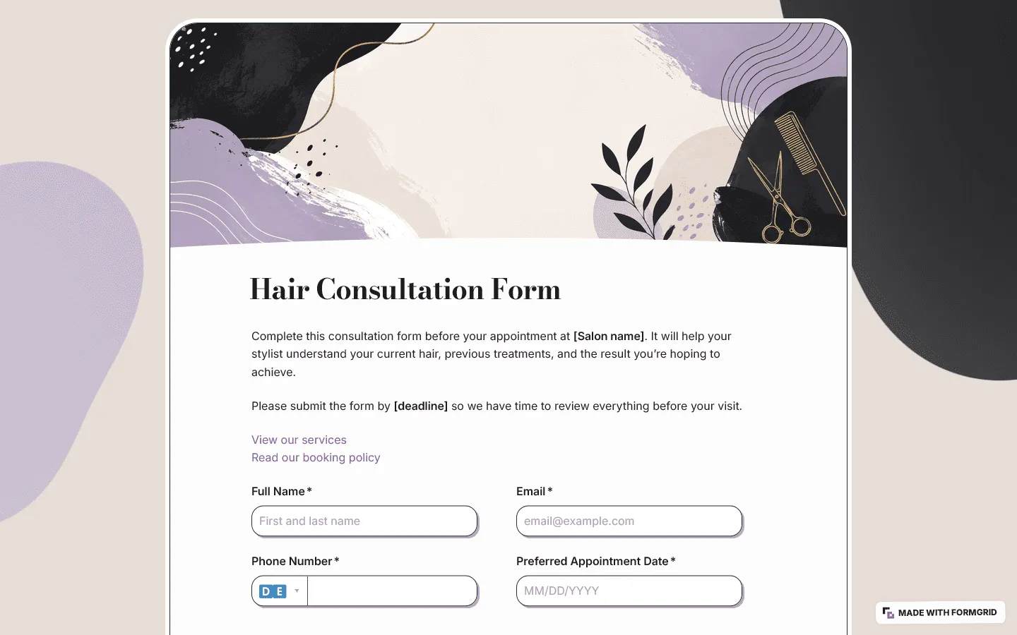 Hair consultation form template