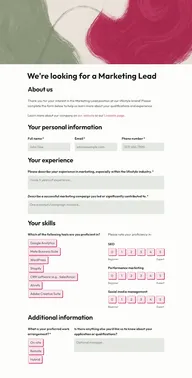 Marketing job application form example