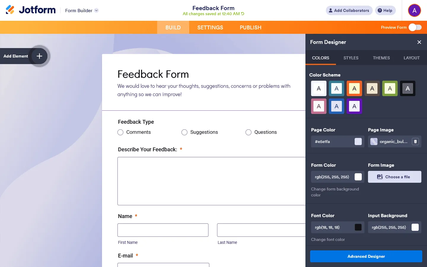 Jotform form design and customization options