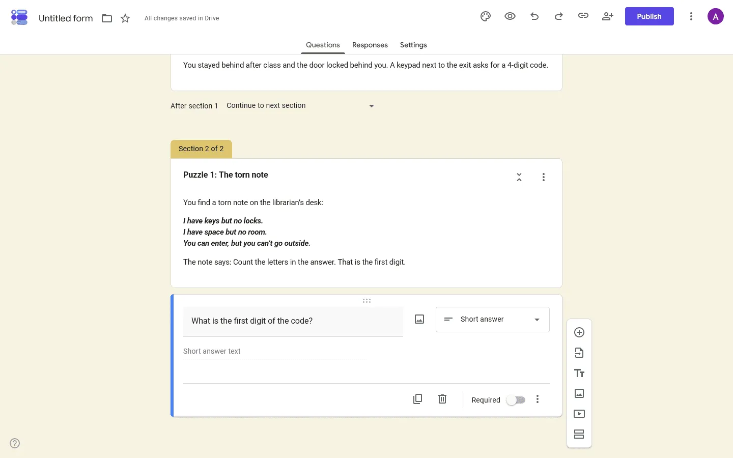 Make an escape room on Google Forms - Create the first puzzle