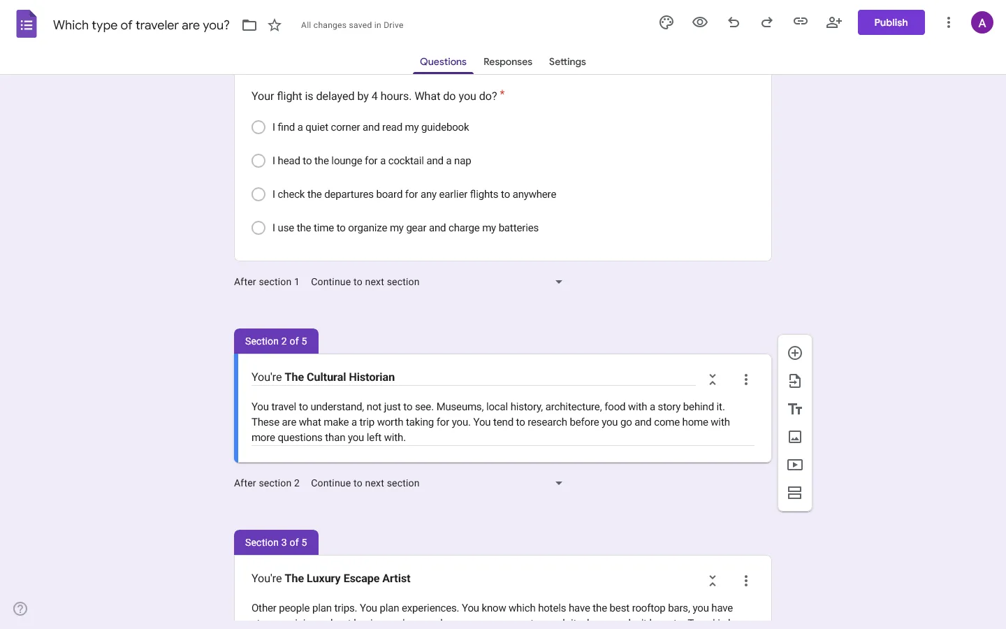 Make personality quiz on Google Forms - Step 4, Add sections