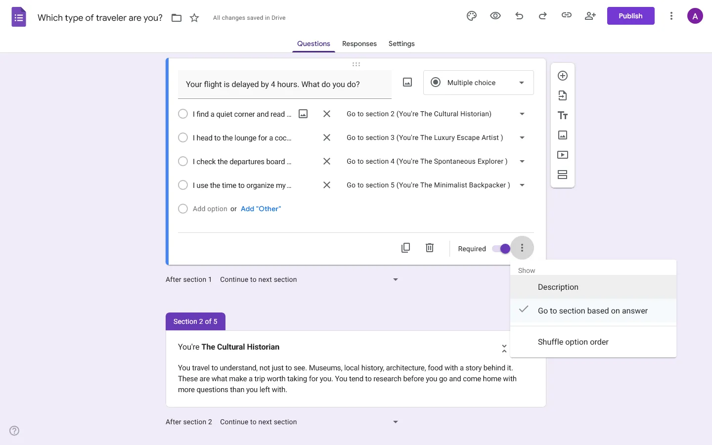 Make personality quiz on Google Forms - Step 5, Conditional logic