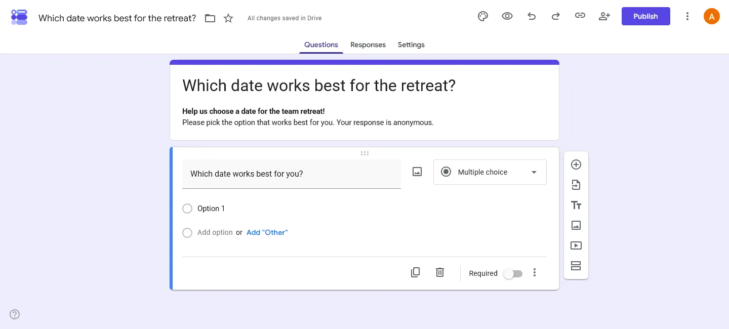 Make a poll on Google Forms - Step 2, Choose question type