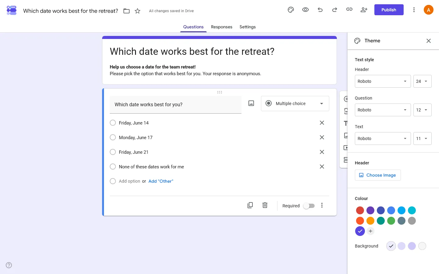 Make a poll on Google Forms - Step 5, Customize the design