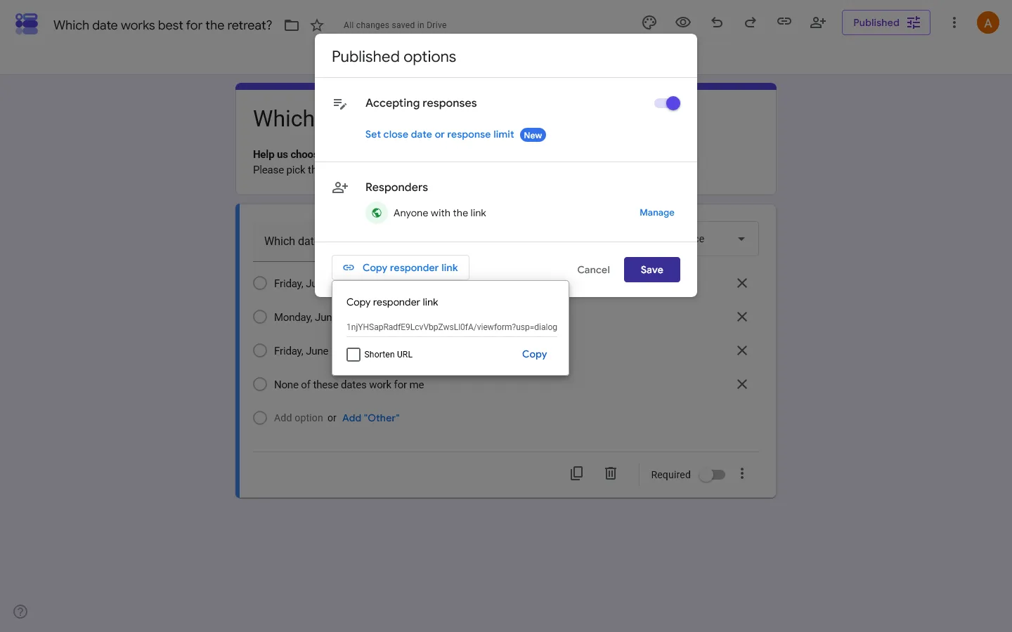 Make a poll on Google Forms - Step 6, Publish the poll