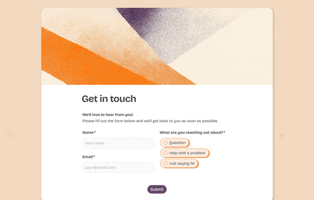 A clean contact form, topic-based follow-up questions