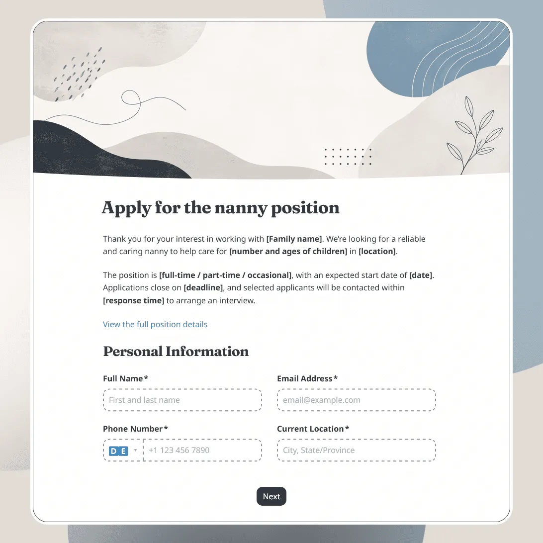 Nanny Application Form Template