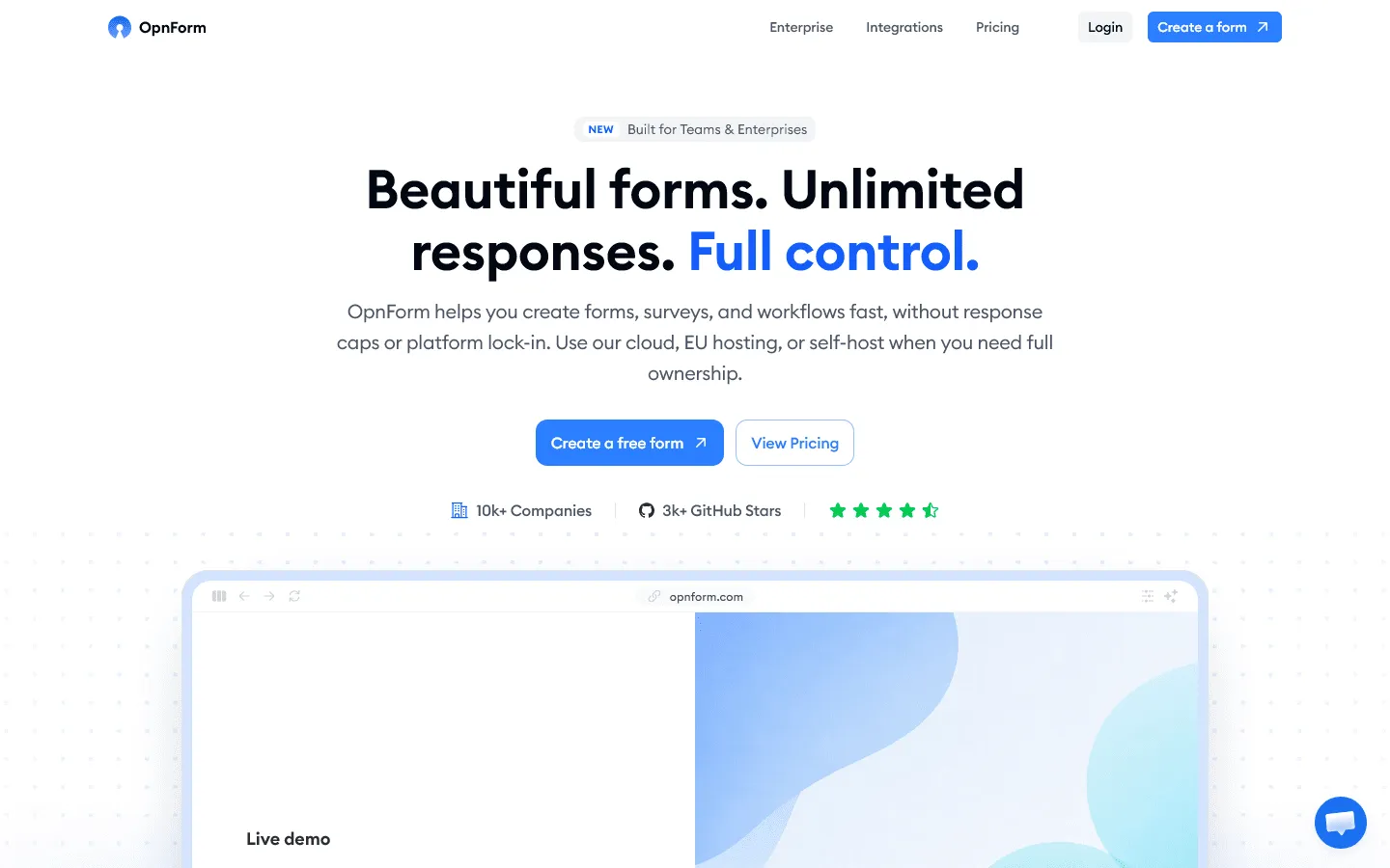 Free form builder with unlimited submissions OpnForm
