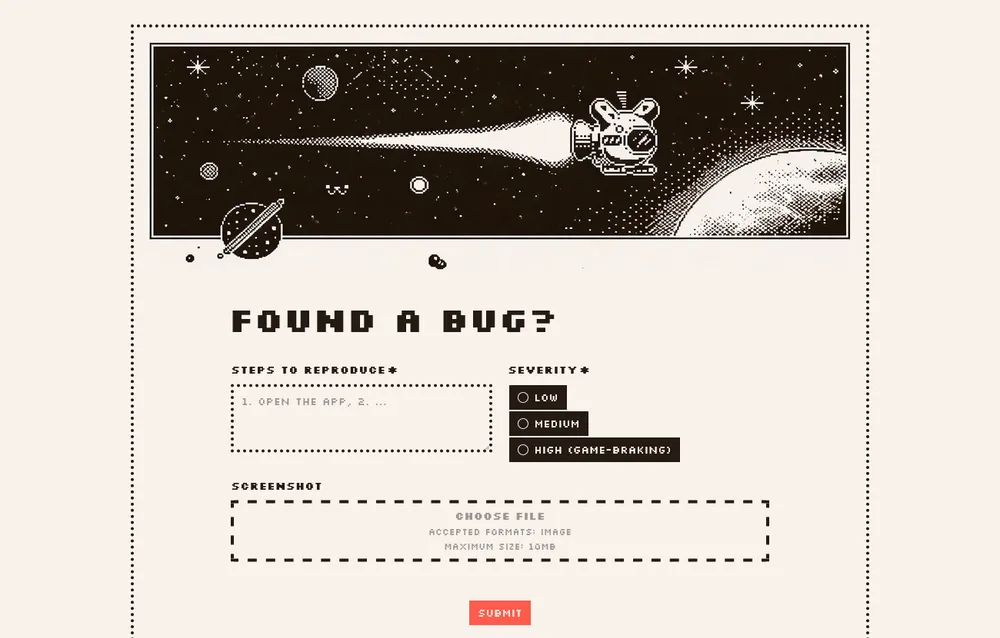 A retro pixel art bug report form with file uploads