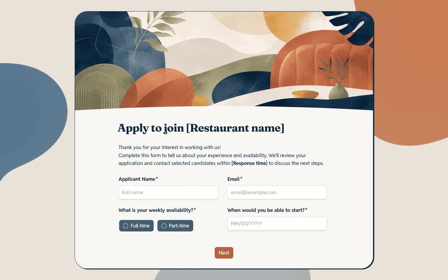 Restaurant job application form template