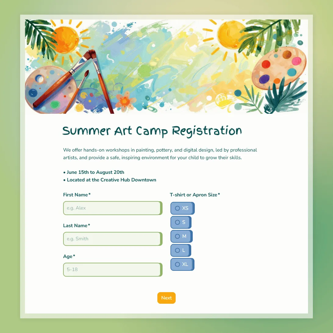 Summer Art Camp Registration Form Template