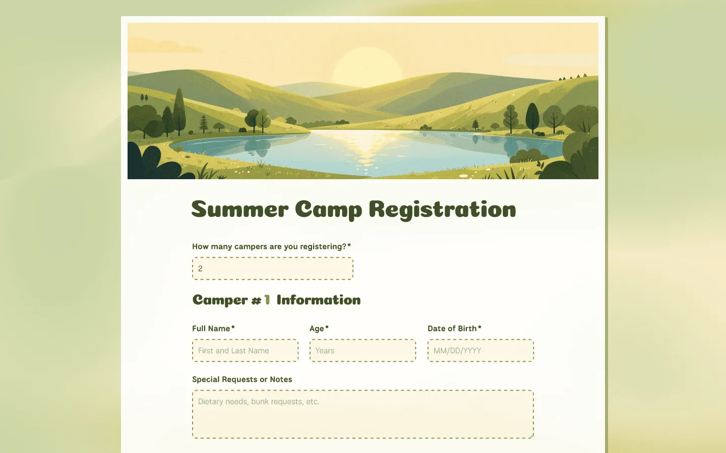 Summer camp registration form template