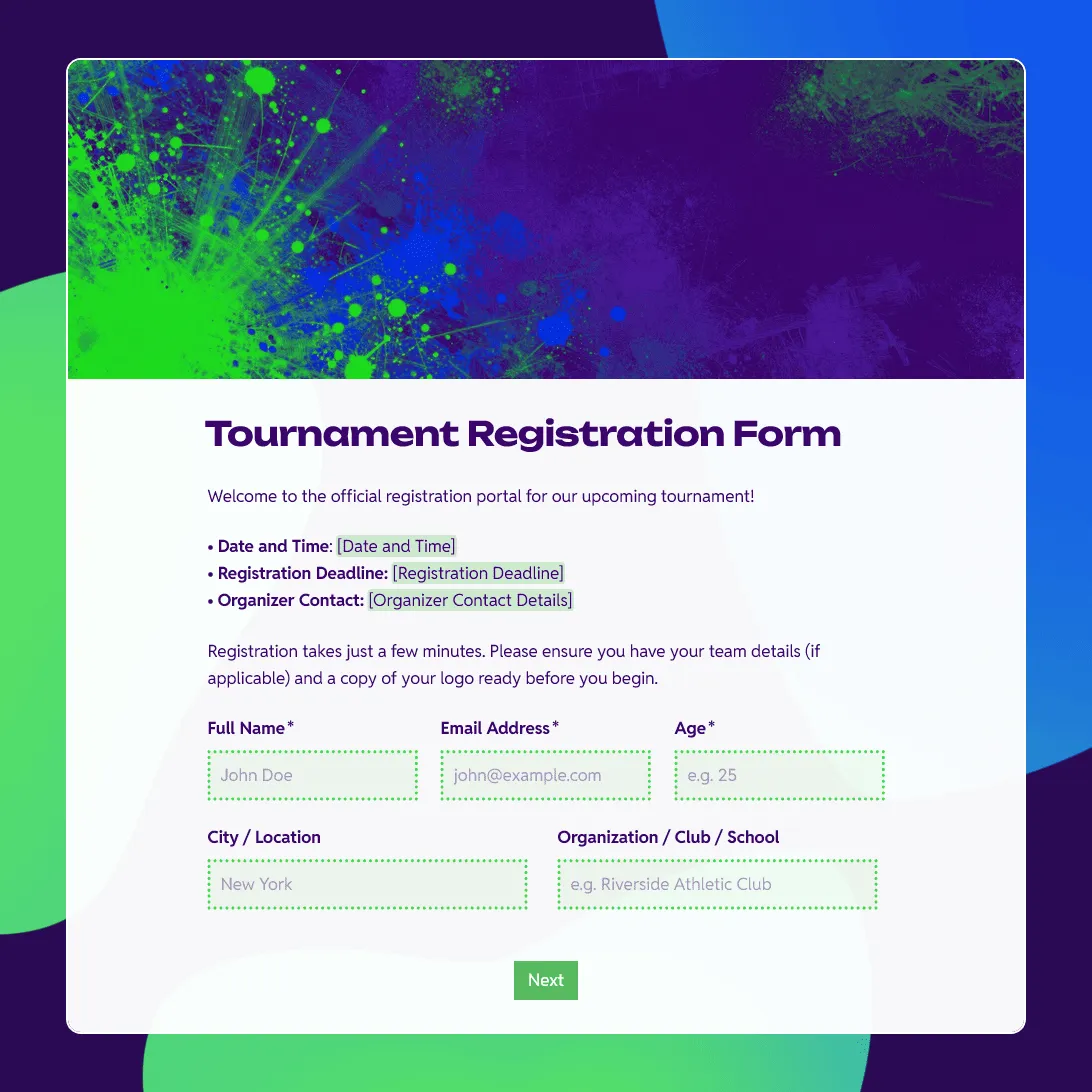 Tournament Registration Form Template