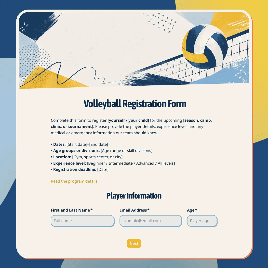 Volleyball Registration Form Template