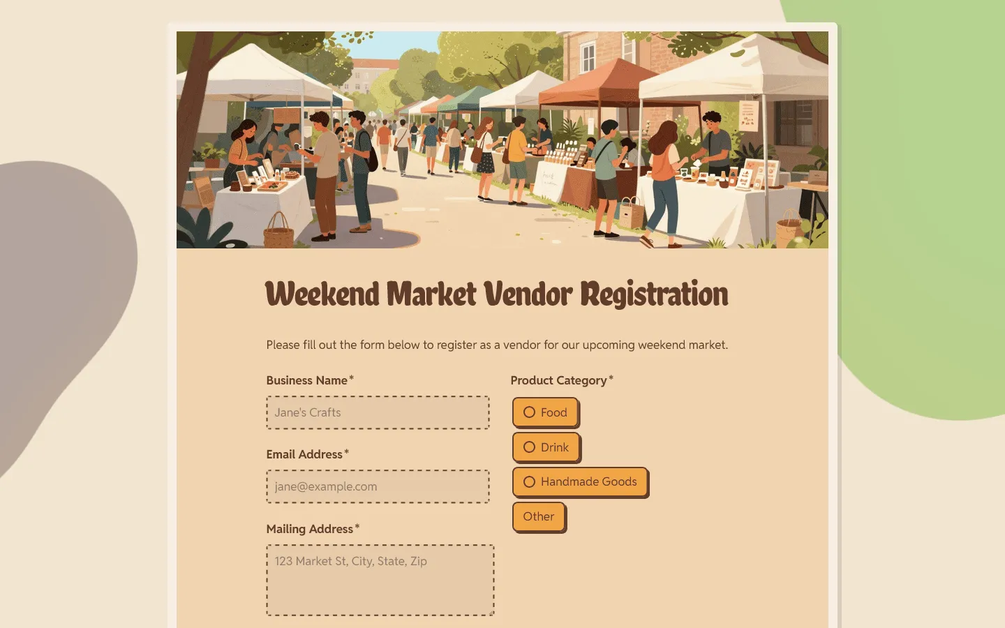Weekend market vendor registration form template