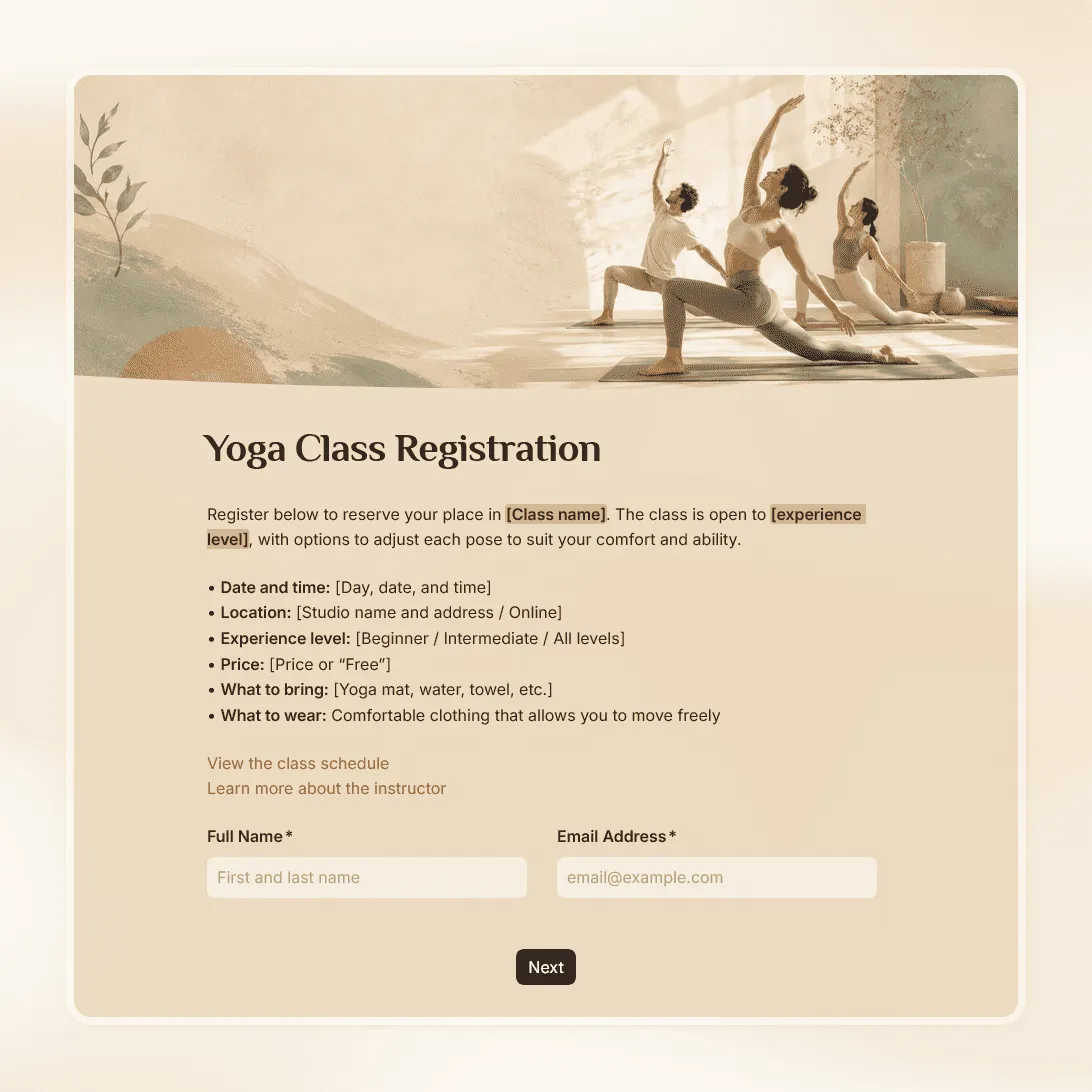 Yoga Class Registration Form Template