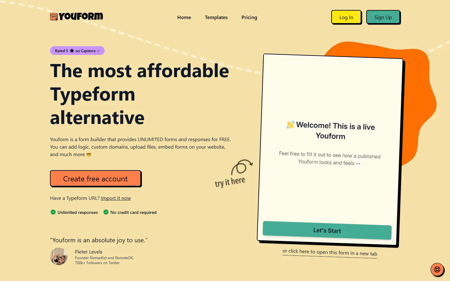 Free form builder with unlimited submissions Youform